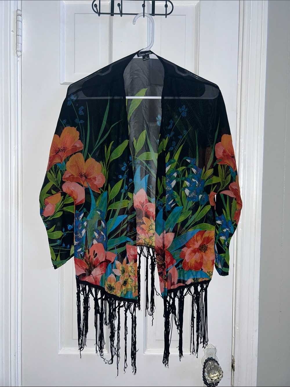 Haute Monde Black Floral Fringe Kimono Jacket